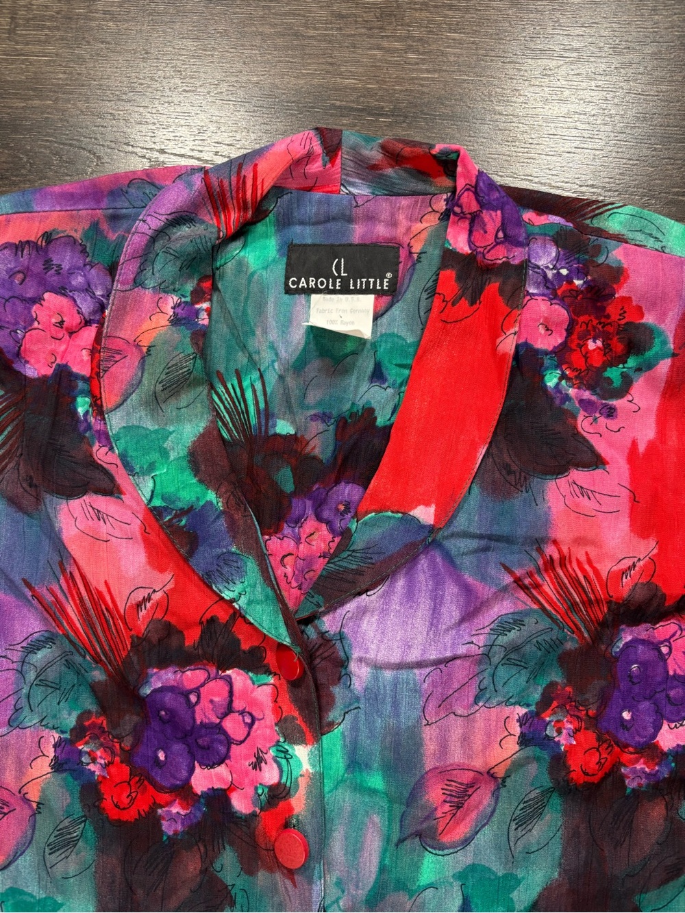 Carole Little Women’s Floral Button-Down Shirt in Red, Purple, Green 100% Rayon